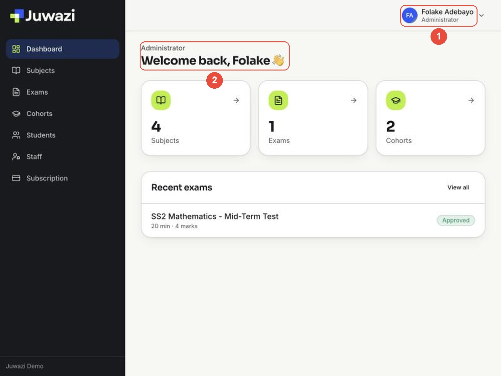 Administrator dashboard showing the Administrator label and welcome message