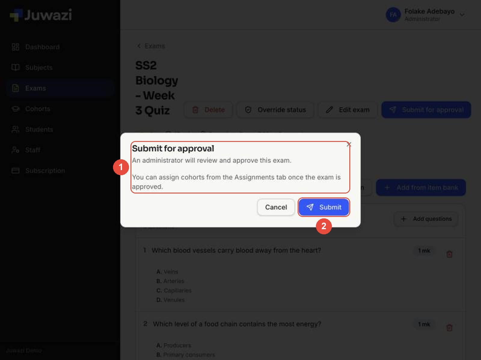Submit for approval window with the explanation and the Submit button marked
