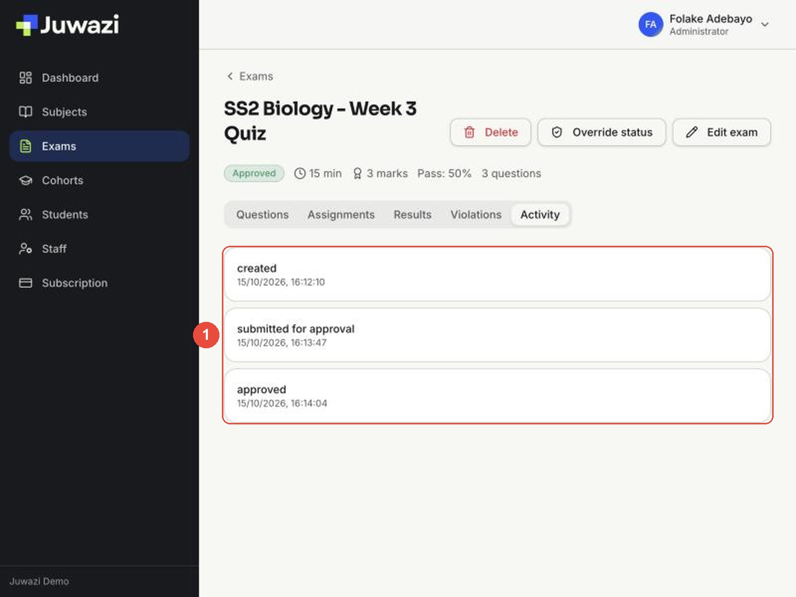 Activity tab listing created, submitted for approval and approved with timestamps