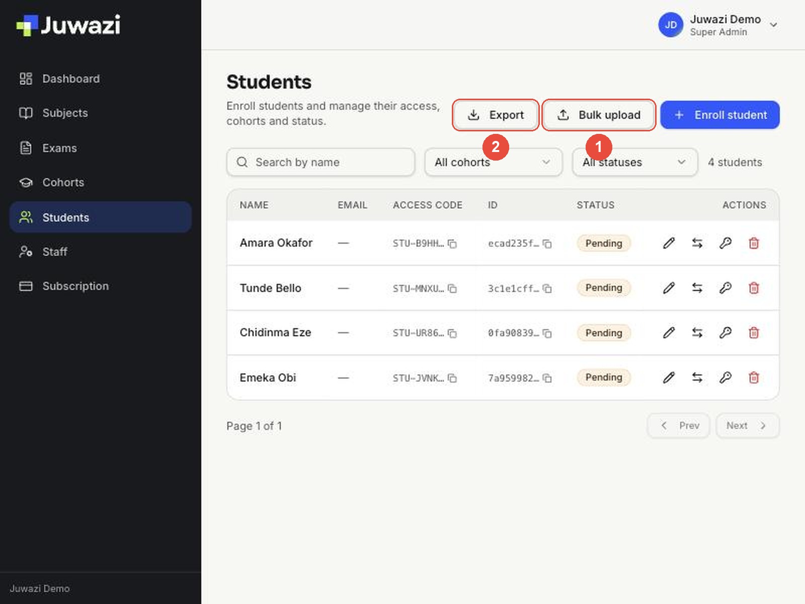 Students page with the Bulk upload and Export buttons marked