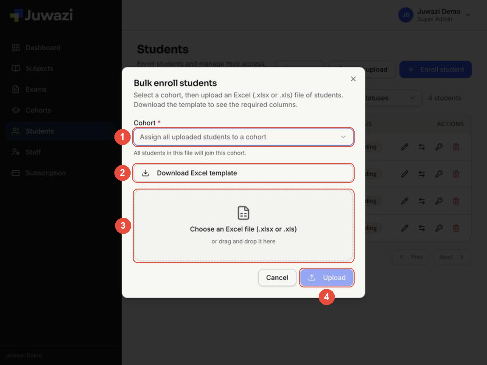 Bulk enroll students window with the cohort, template, drop area and Upload button marked