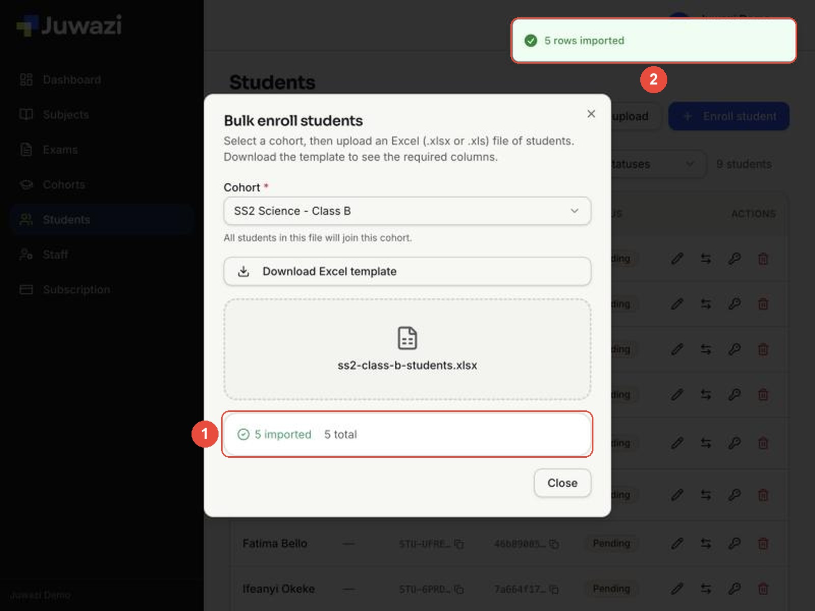 Upload result showing 5 imported out of 5, with the success message