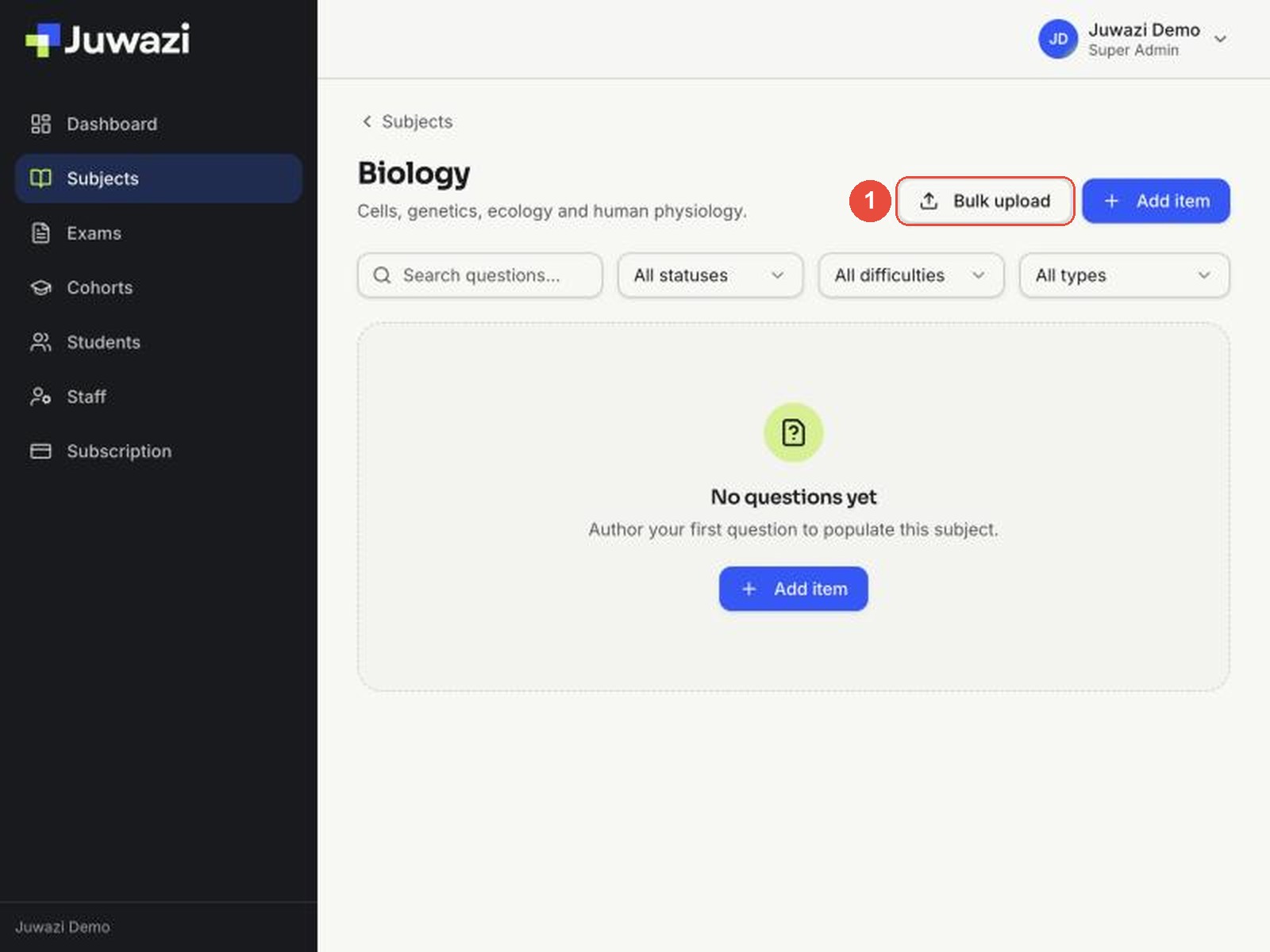 The Biology subject page with the Bulk upload button highlighted
