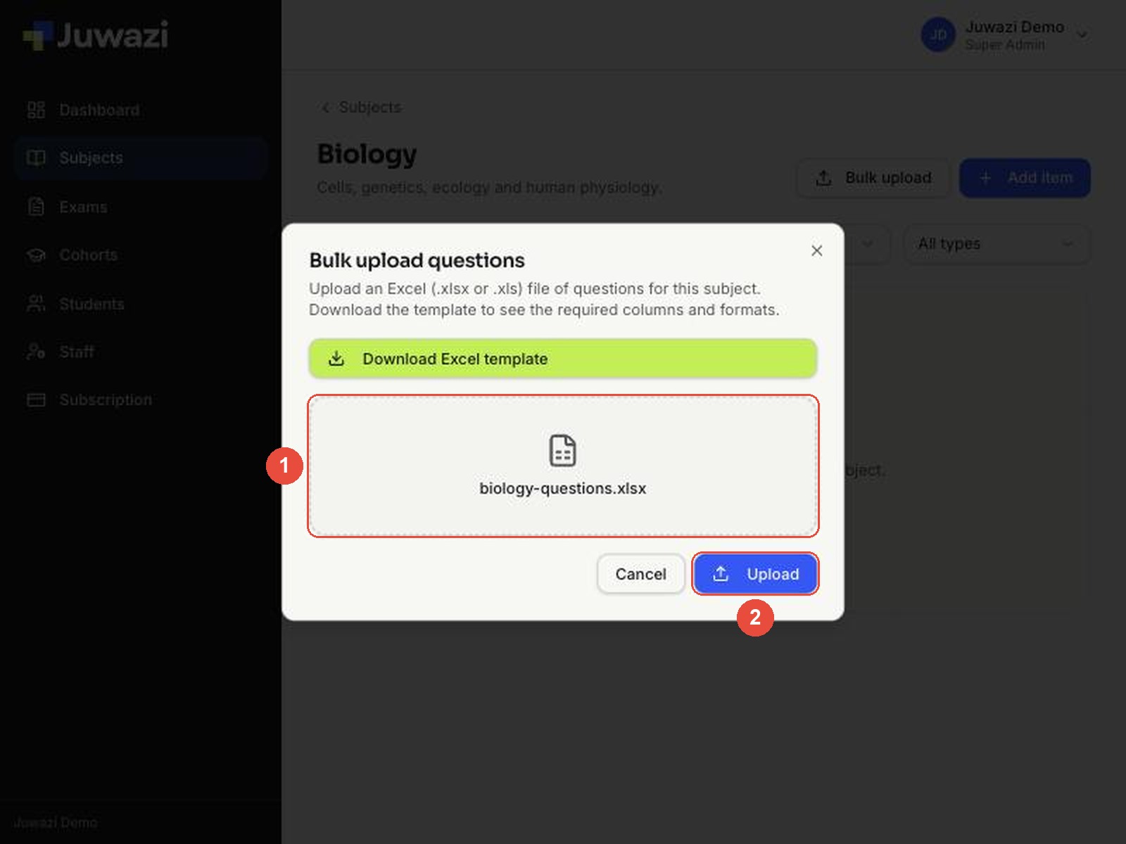 The Bulk upload window with callouts on 1 the chosen file biology-questions.xlsx and 2 the Upload button