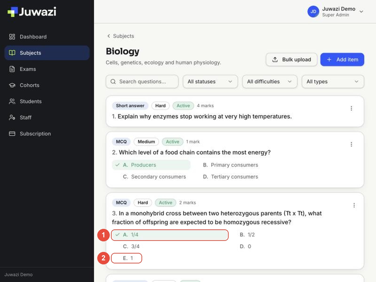 The Biology item bank after the upload, with callouts on 1 the ticked correct answer and 2 the fifth option, E, which only bulk upload can add