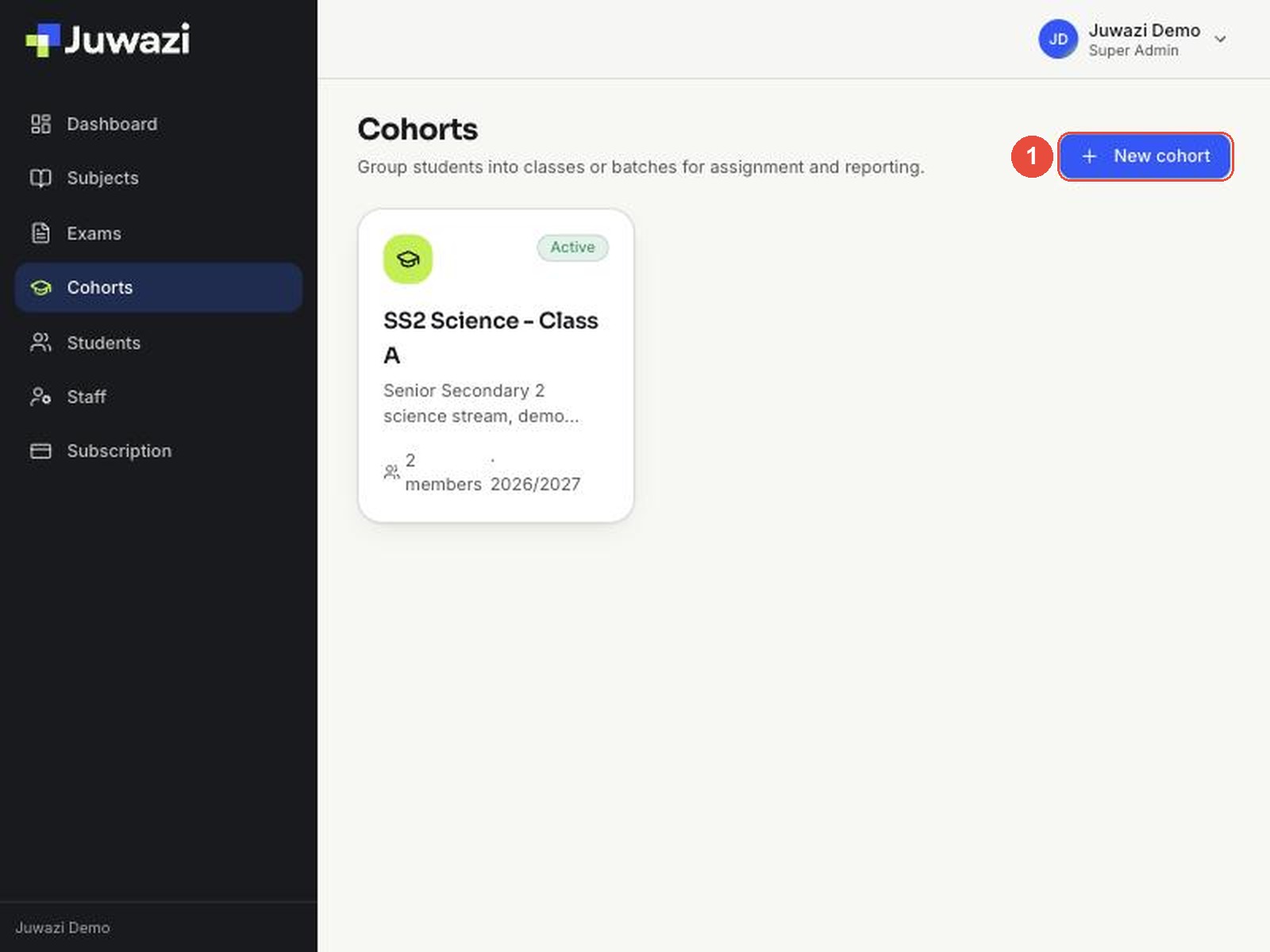 The Cohorts page with the New cohort button highlighted (1)