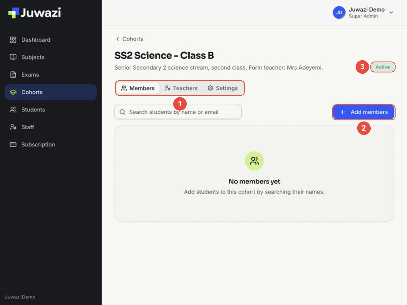 The SS2 Science - Class B cohort page with callouts: 1 the Members, Teachers and Settings tabs, 2 Add members, 3 the Active status badge
