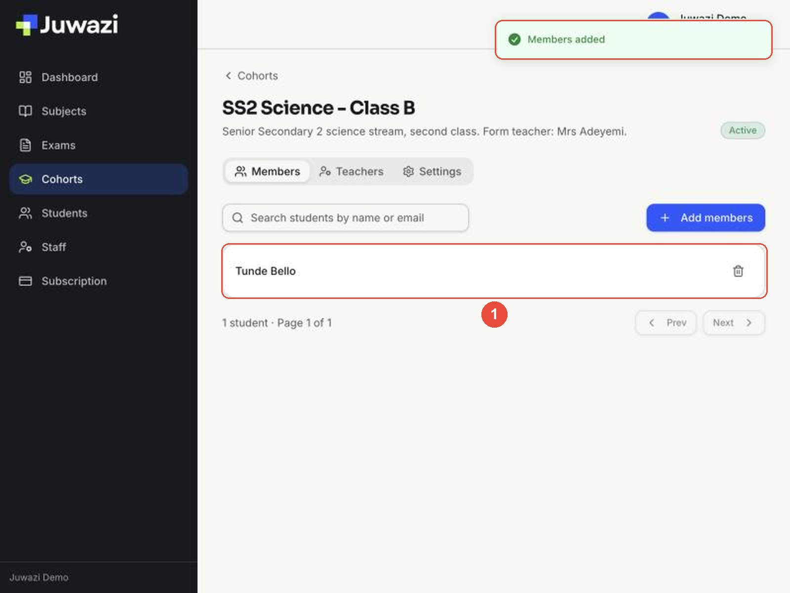The Class B Members tab now listing Tunde Bello (1), with the Members added message