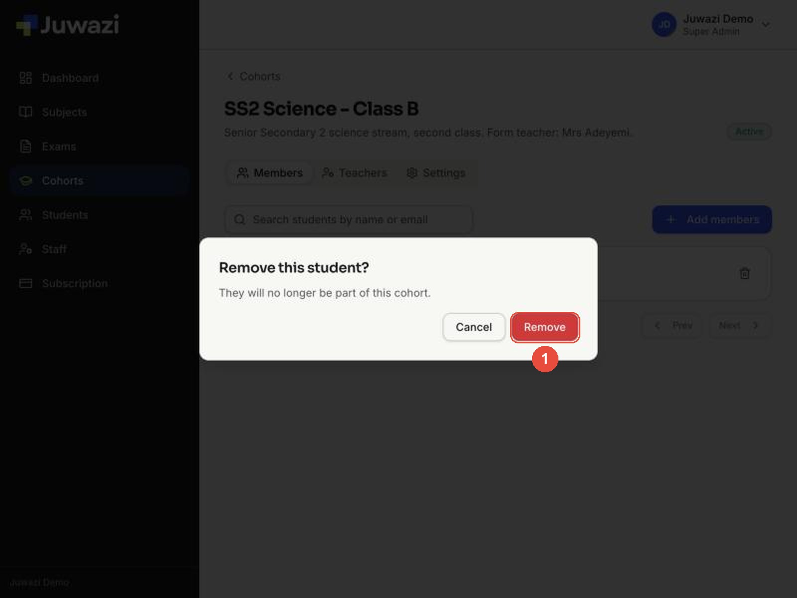 The Remove this student? confirmation: They will no longer be part of this cohort, with the red Remove button highlighted