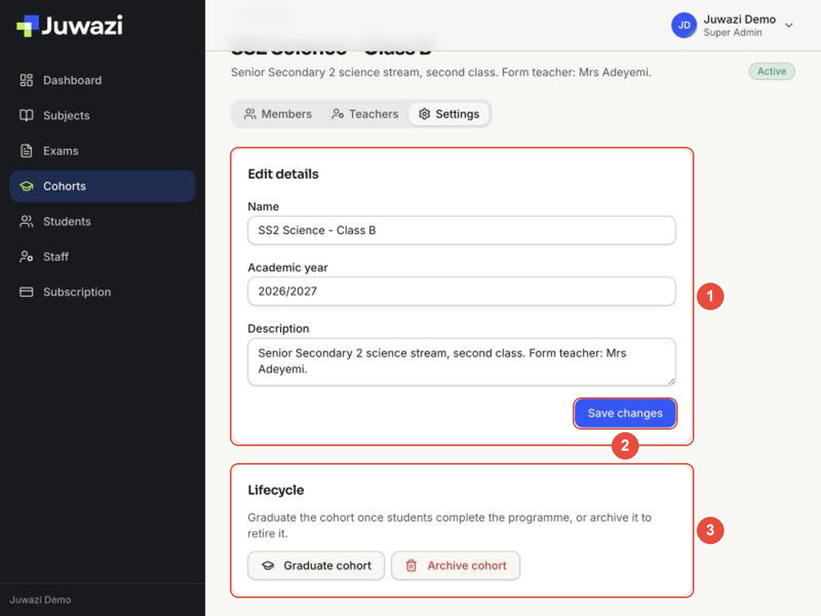 The Settings tab with callouts: 1 Edit details (Name, Academic year, Description), 2 Save changes, 3 Lifecycle with Graduate cohort and Archive cohort