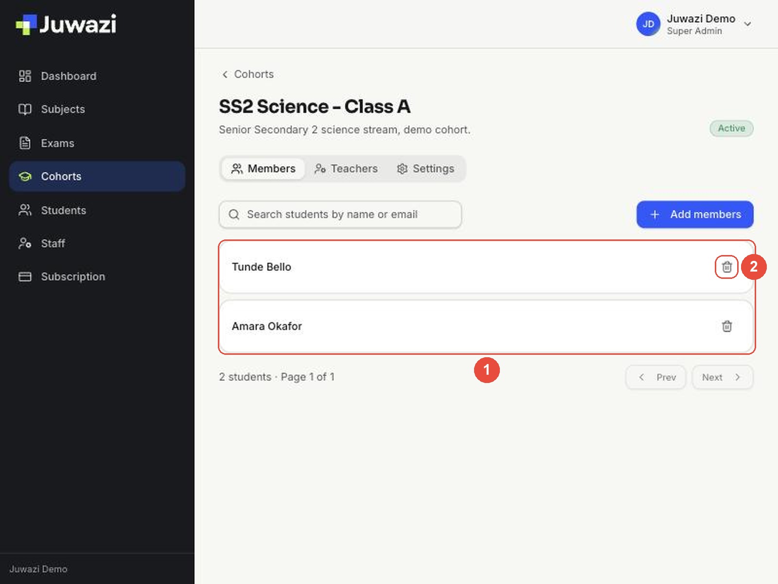 The SS2 Science - Class A Members tab listing Tunde Bello and Amara Okafor (1), each with a bin icon (2)