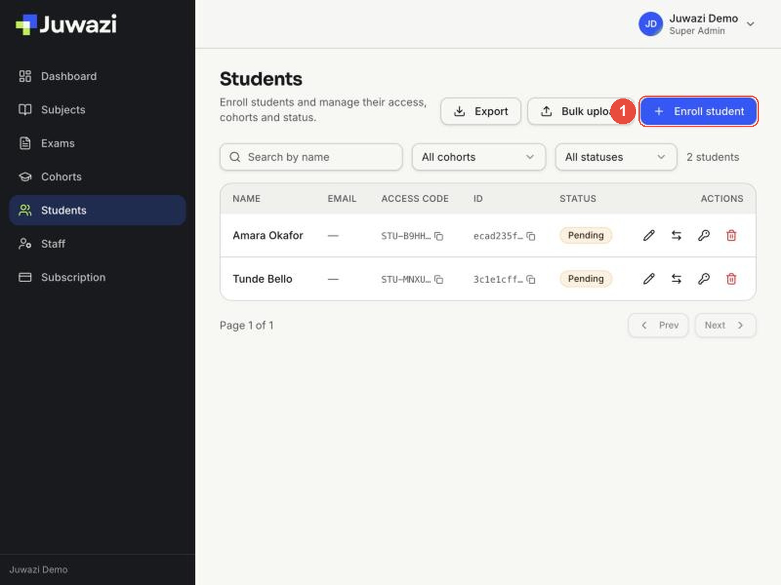 The Students page with the Enroll student button highlighted (1)