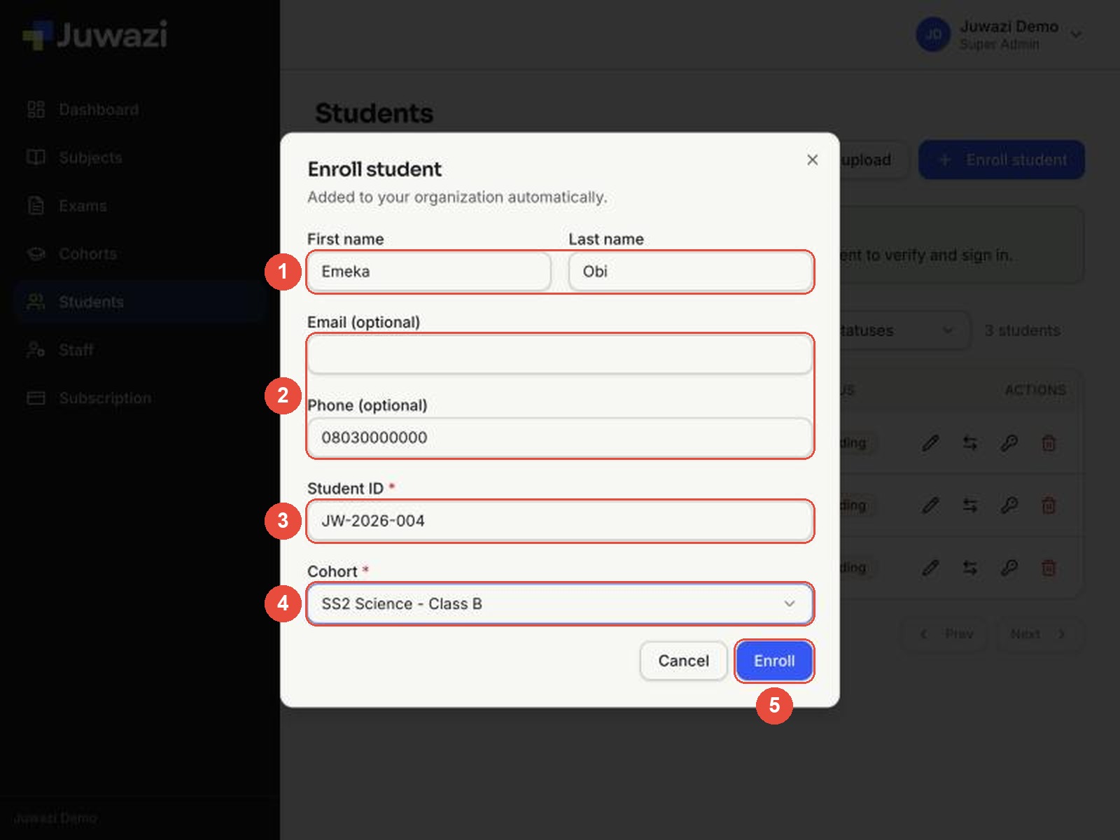 The Enroll student form with callouts: 1 First and Last name, 2 Email and Phone (optional), 3 Student ID, 4 Cohort, 5 Enroll
