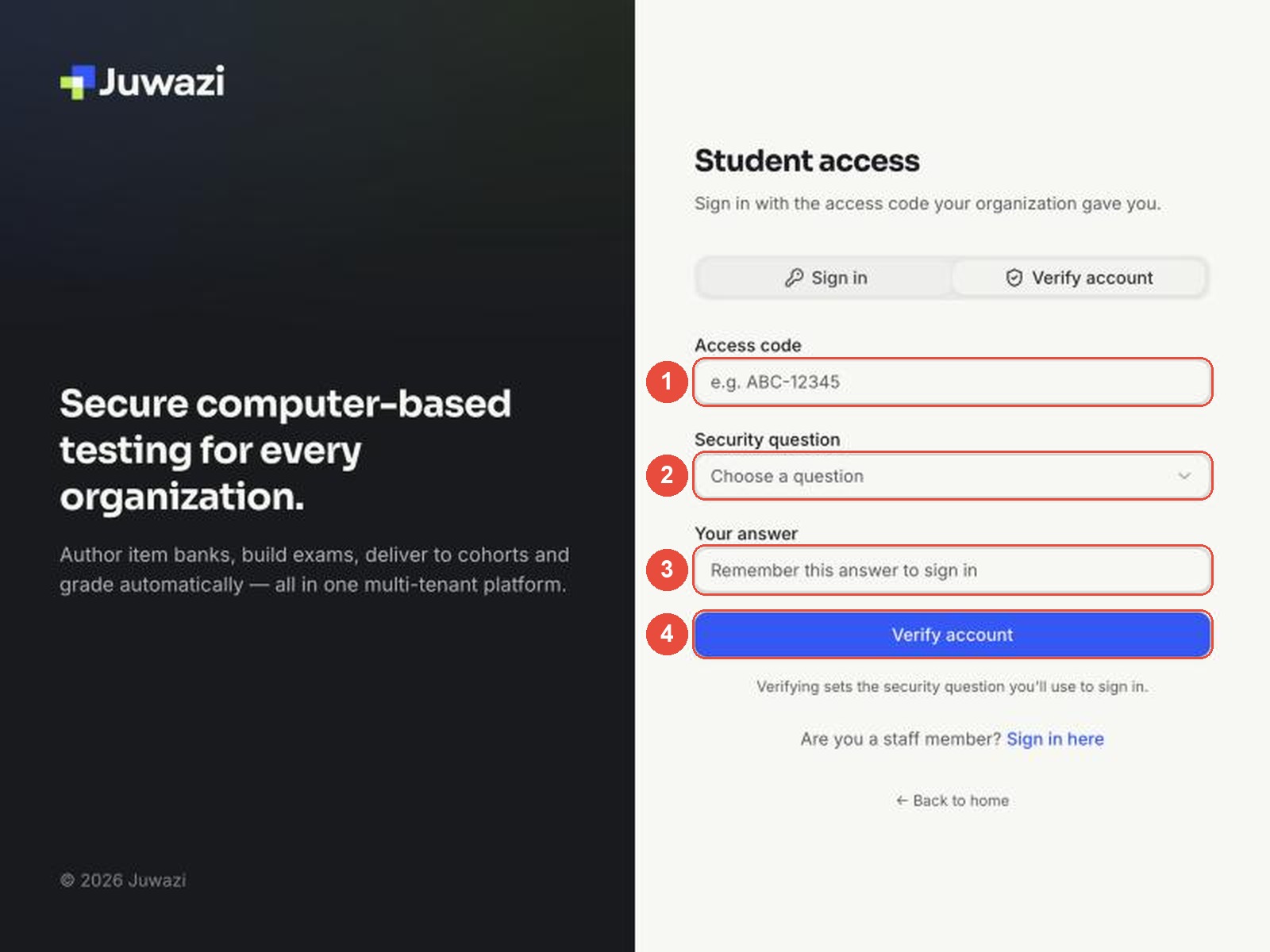 The Verify account tab with callouts: 1 Access code, 2 Security question, 3 Your answer, 4 Verify account button