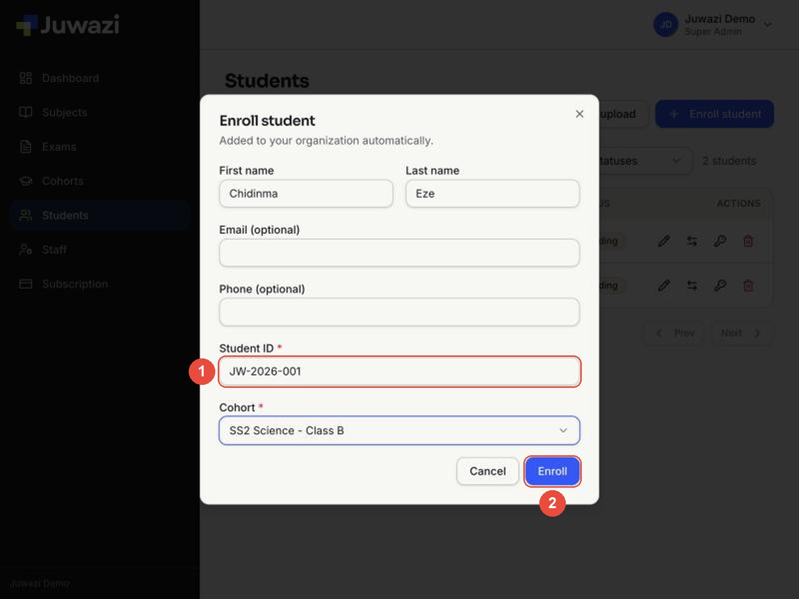 The Enroll student form with a Student ID that's already in use (1) and the Enroll button (2), which does nothing