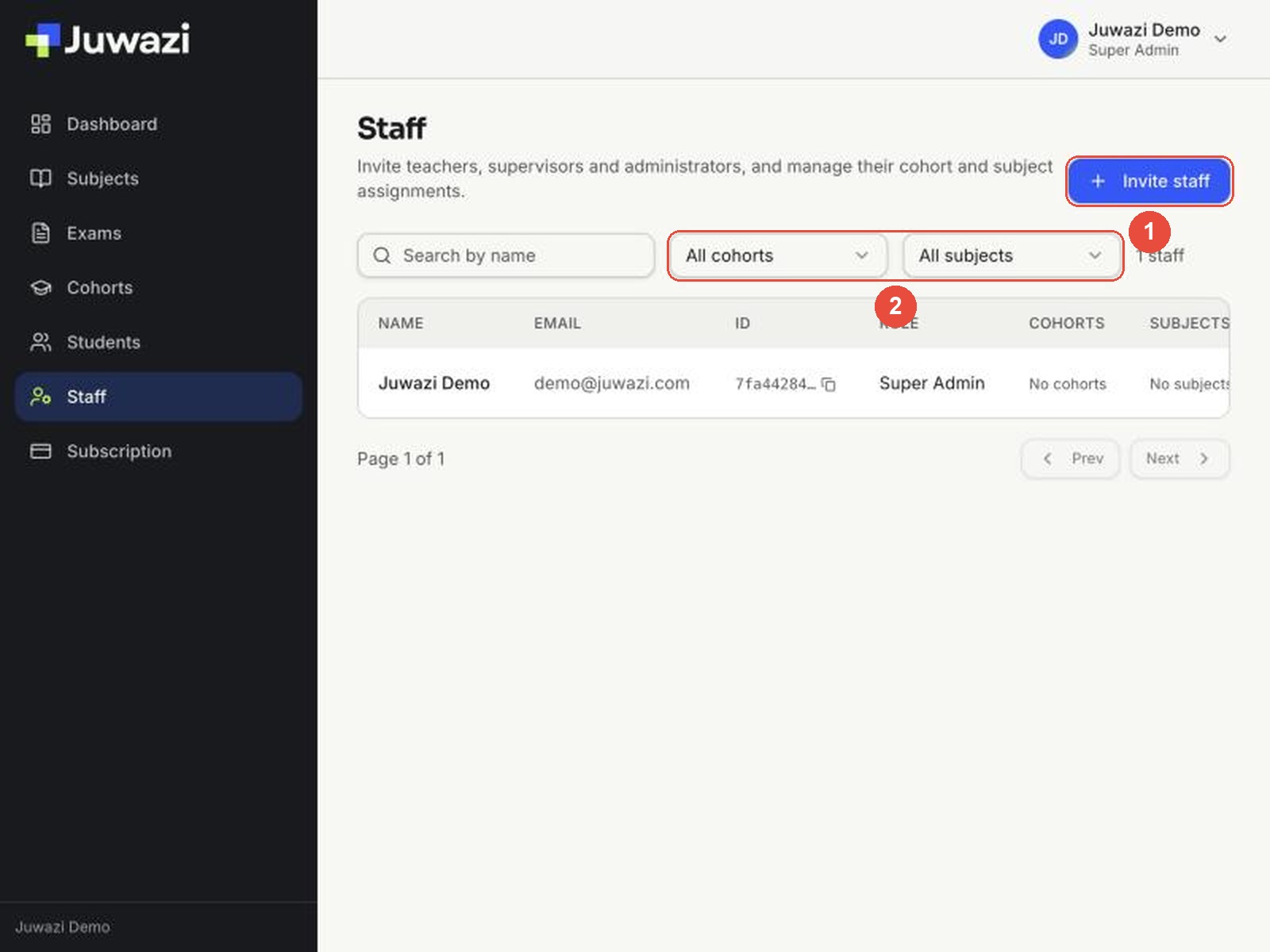 Staff page with the Invite staff button and filters marked