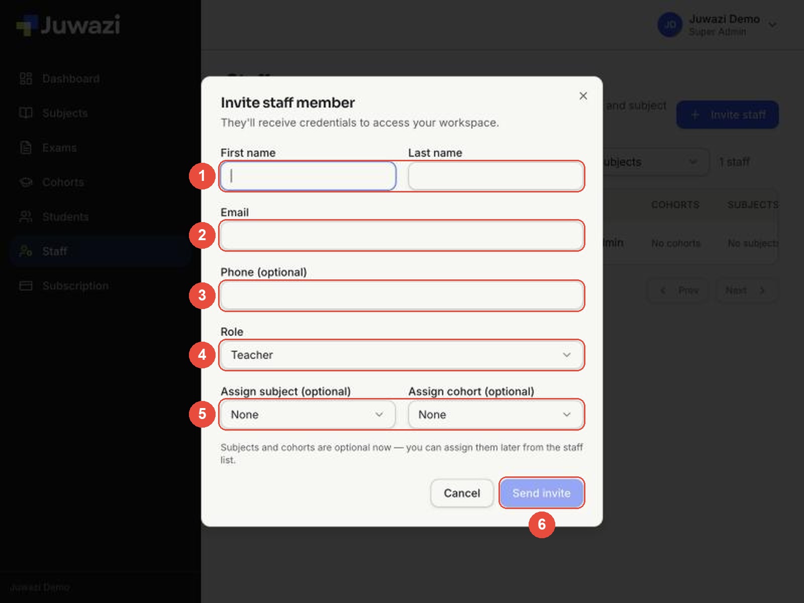 Invite staff member form with each field numbered