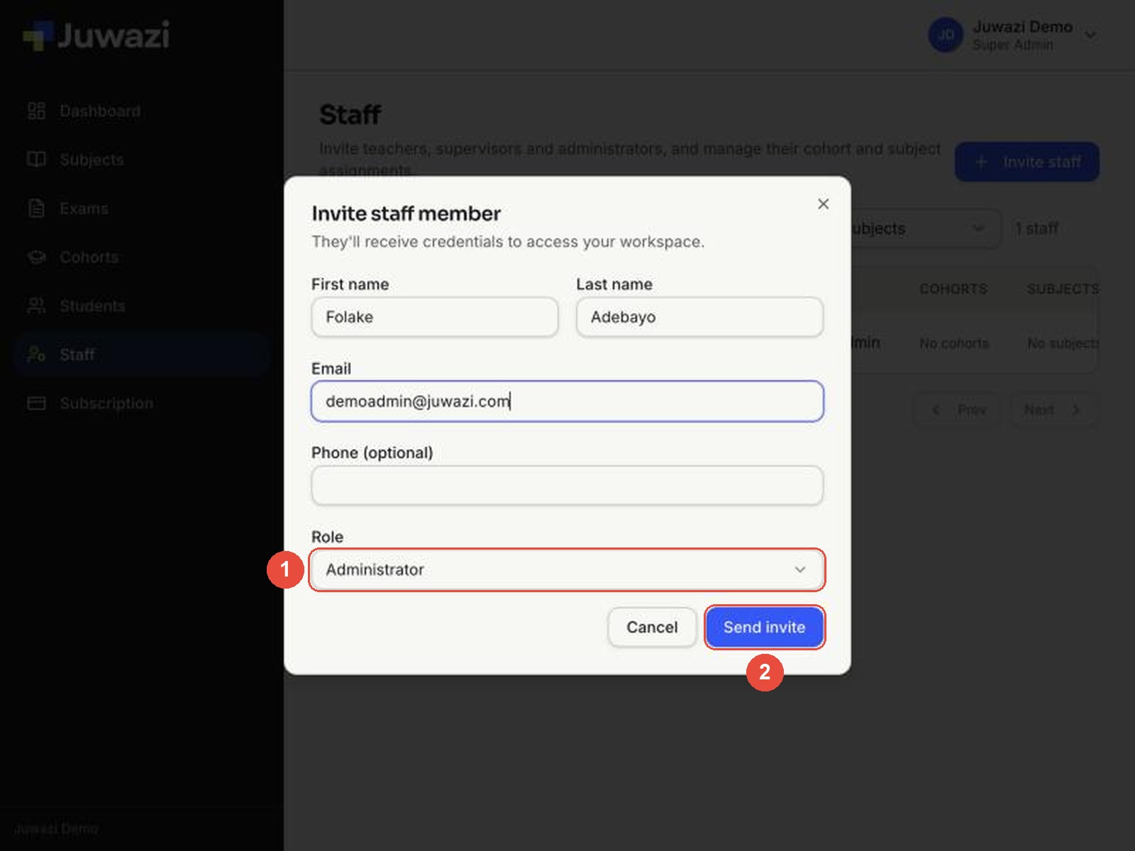 Invite form filled in for an Administrator, with the role and Send invite marked