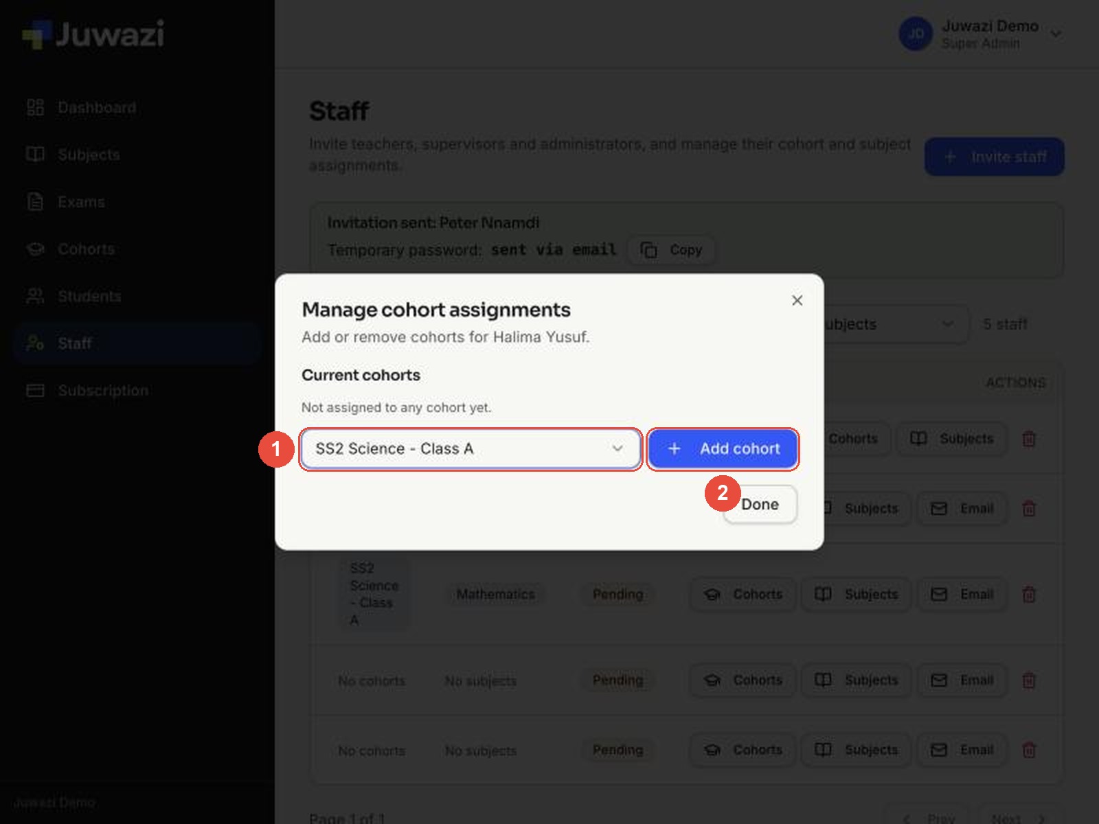 Manage cohort assignments window with a cohort chosen and the Add cohort button marked