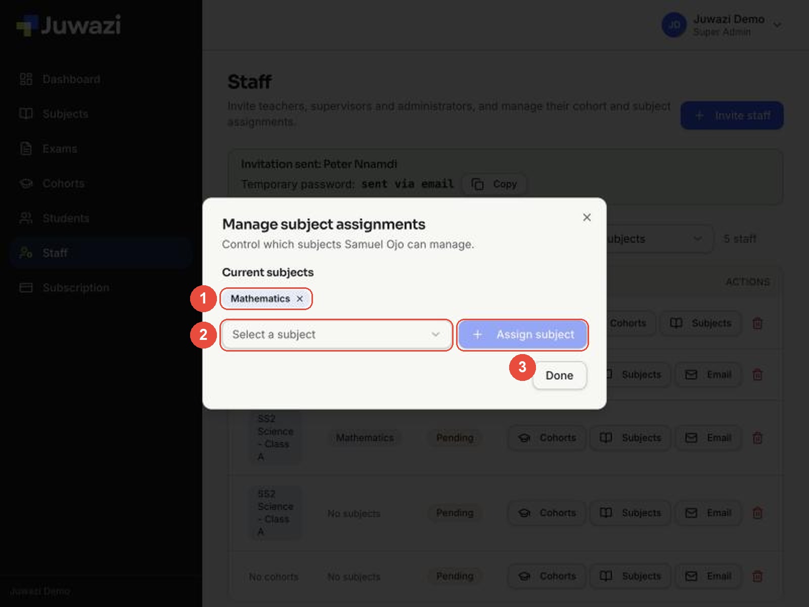 Manage subject assignments window for the Teacher with Mathematics assigned