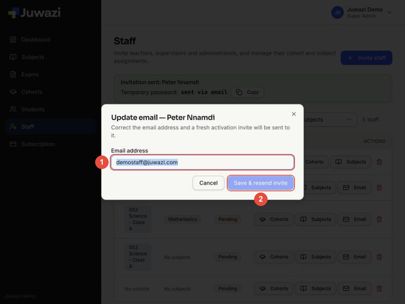 Update email window with the email field and the Save & resend invite button