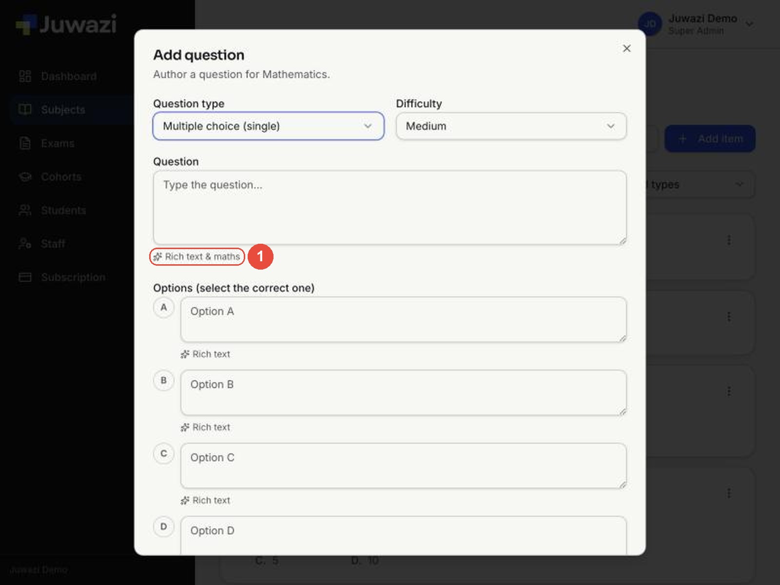 The Add question form with callout 1 on the Rich text & maths link under the Question box