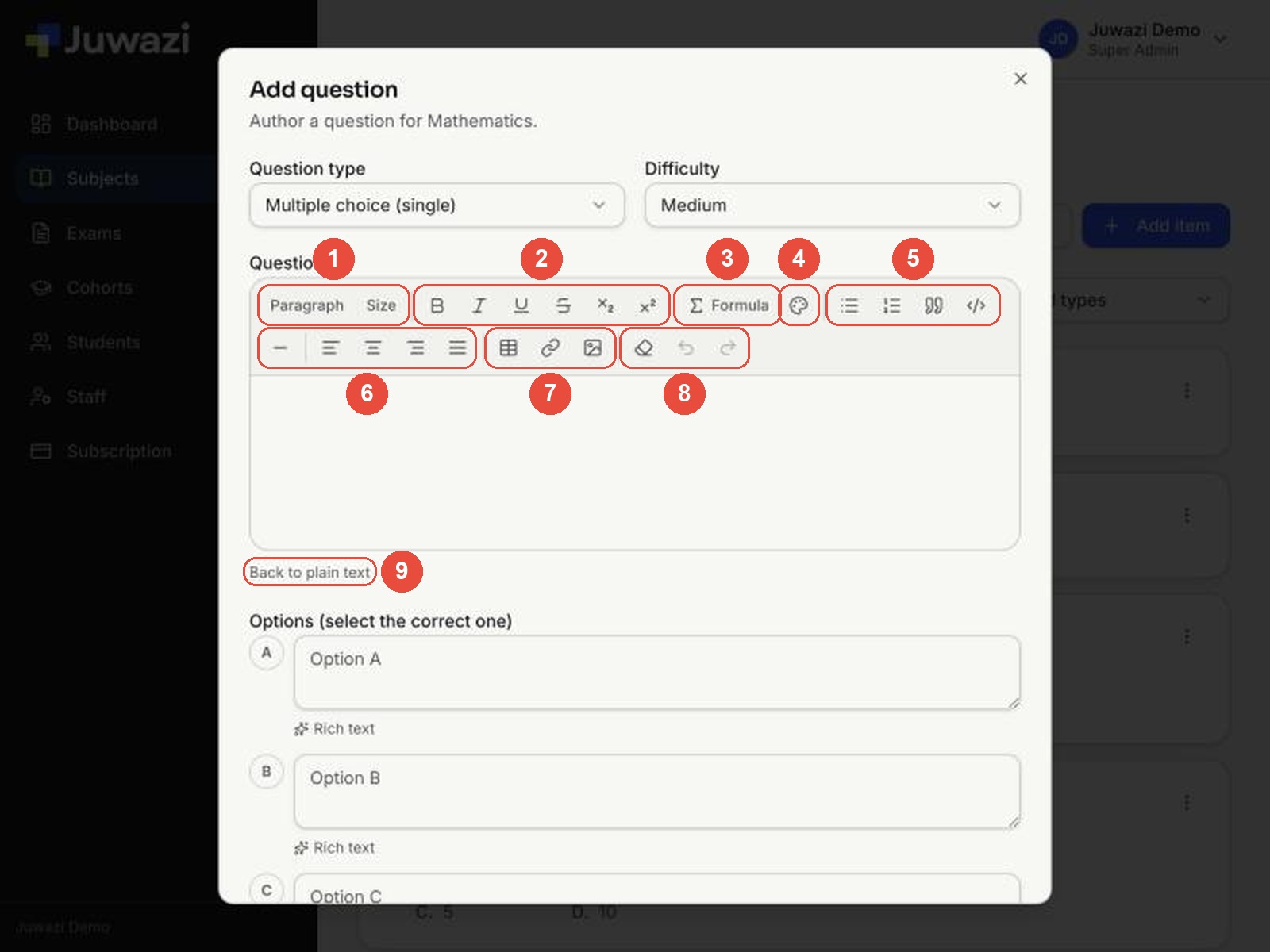 The rich text editor toolbar with nine numbered groups of buttons
