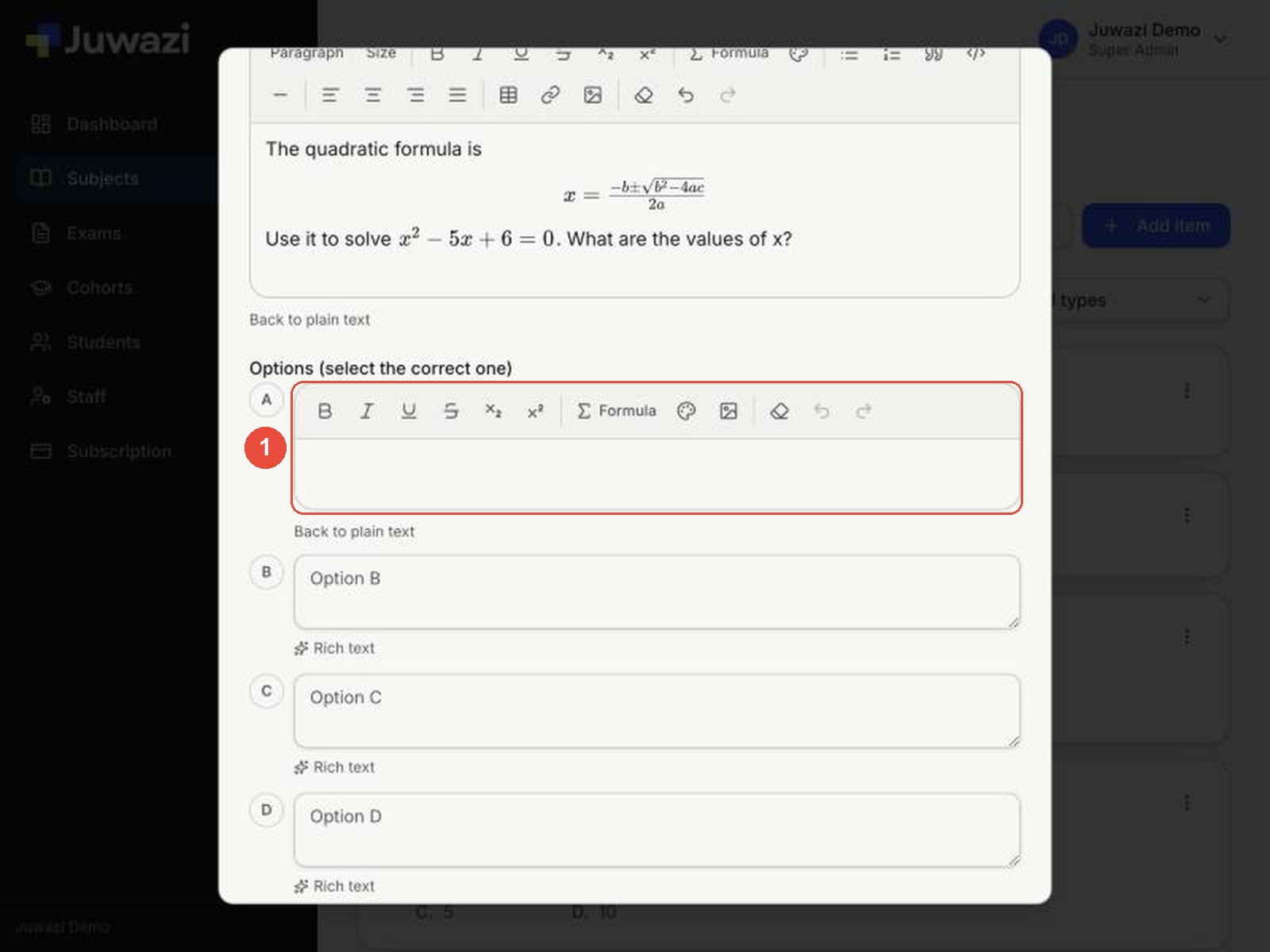 Option A switched to rich text (1), showing x = 2 or x = 3 as a formula and its own small toolbar