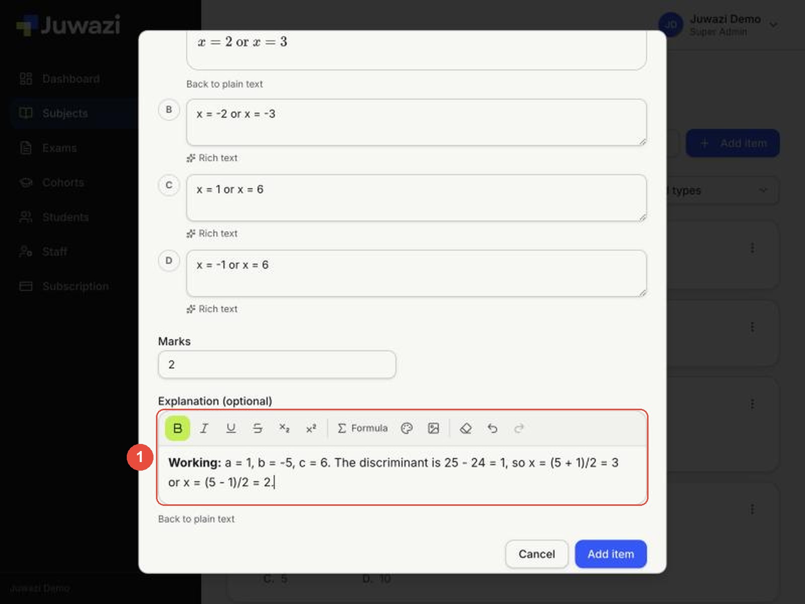 The explanation box switched to rich text (1), starting with Working: in bold