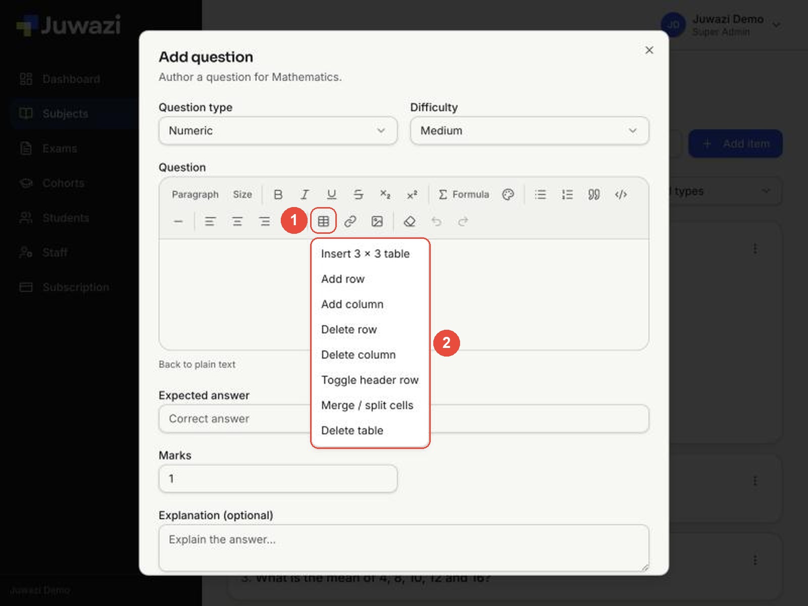The table menu open, with callout 1 on the table button and 2 on the menu: Insert 3 x 3 table, Add row, Add column, Delete row, Delete column, Toggle header row, Merge / split cells, Delete table
