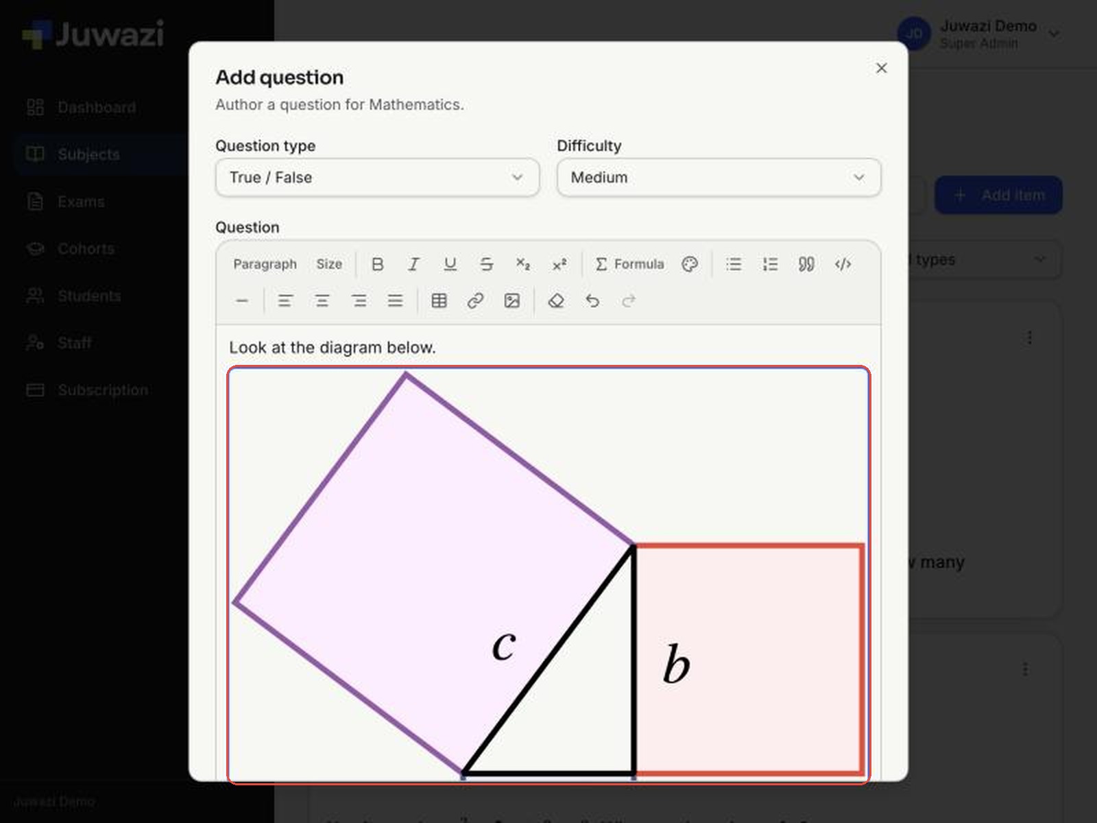 The question editor showing a Pythagoras diagram inserted below the text Look at the diagram below
