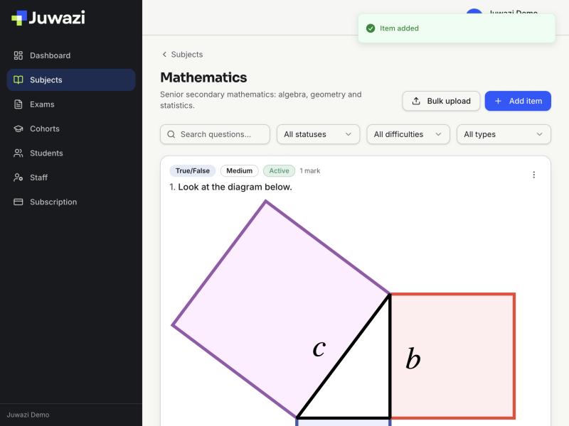 The saved True/False question in the item bank, where the diagram fills the width of the card