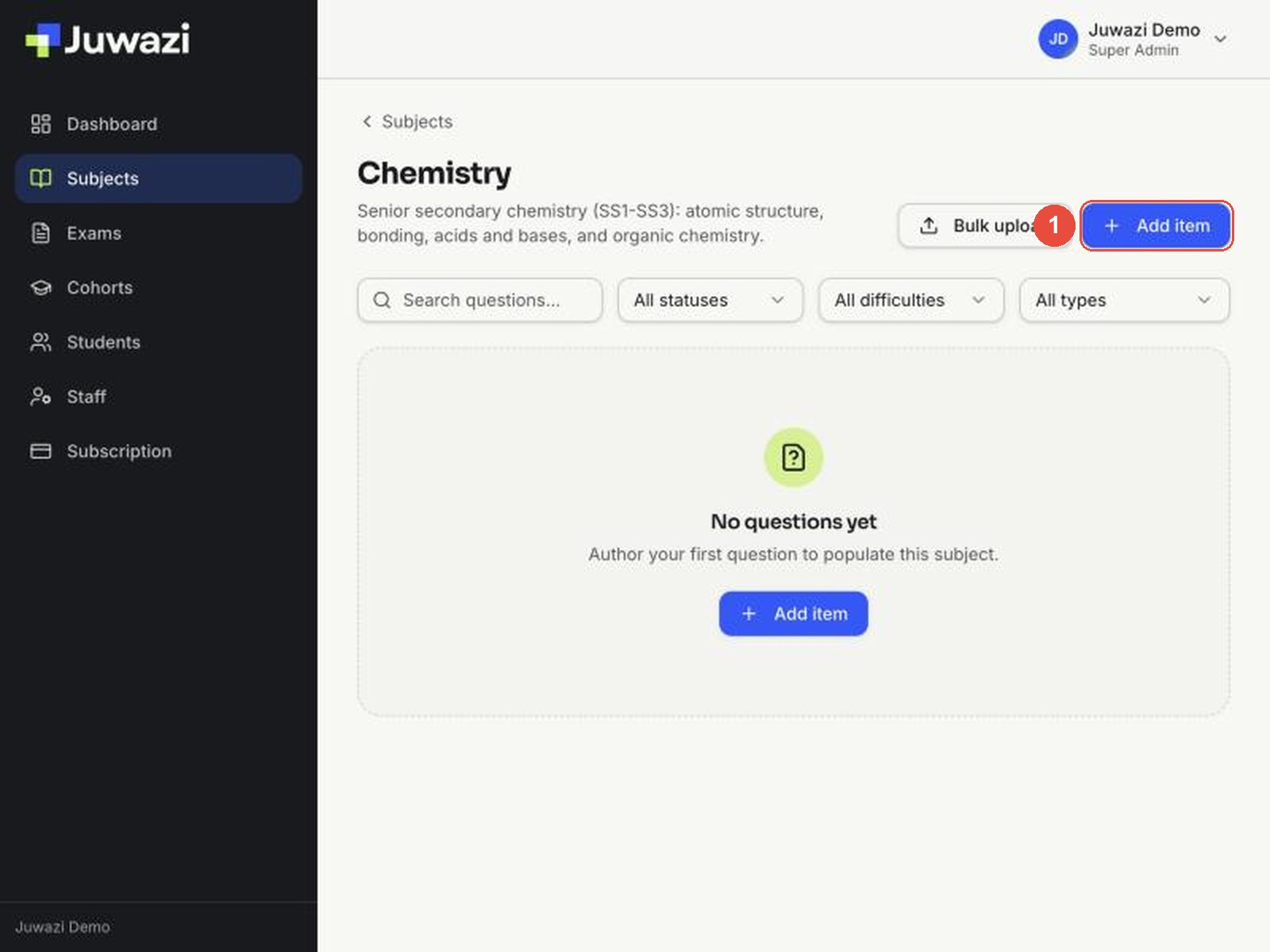 The Chemistry subject page with no questions yet and the Add item button highlighted