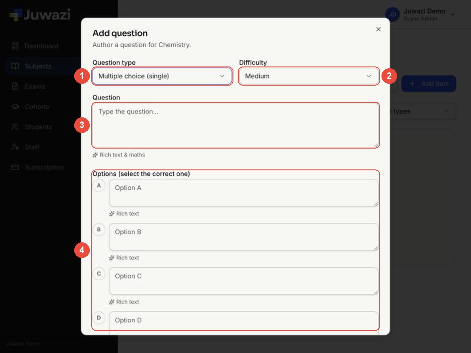 The Add question form with callouts: 1 Question type, 2 Difficulty, 3 Question, 4 Options