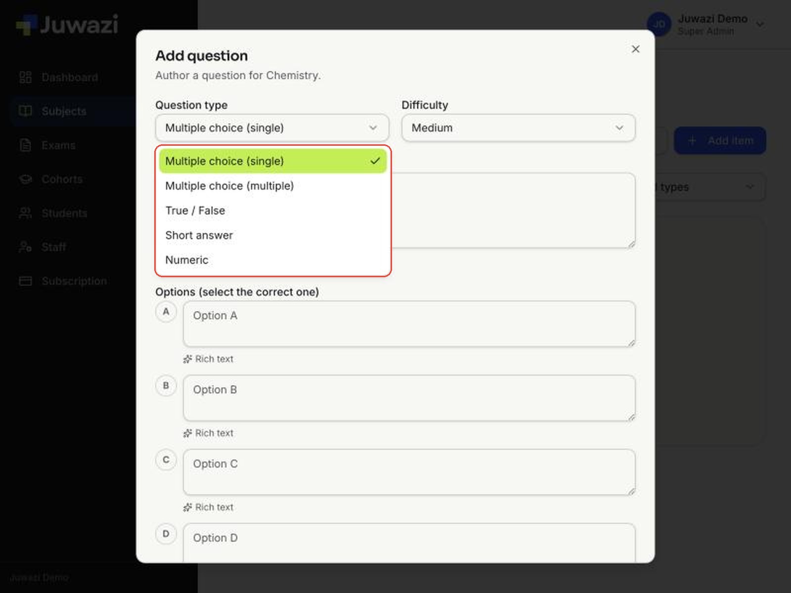 The Question type menu listing the five types