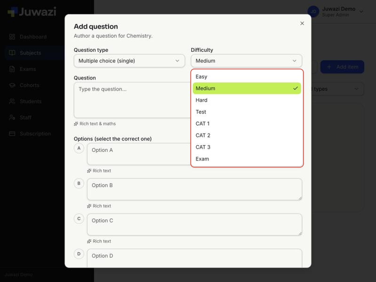 The Difficulty menu listing Easy, Medium, Hard, Test, CAT 1, CAT 2, CAT 3 and Exam
