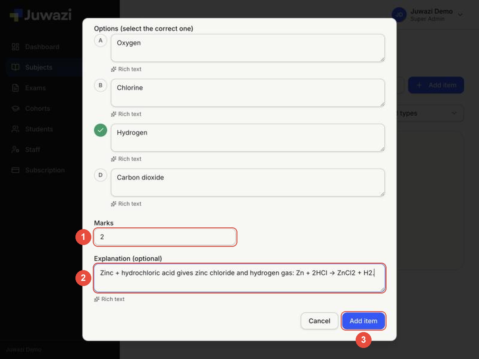 The bottom of the form with callouts on 1 Marks set to 2, 2 the explanation and 3 the Add item button