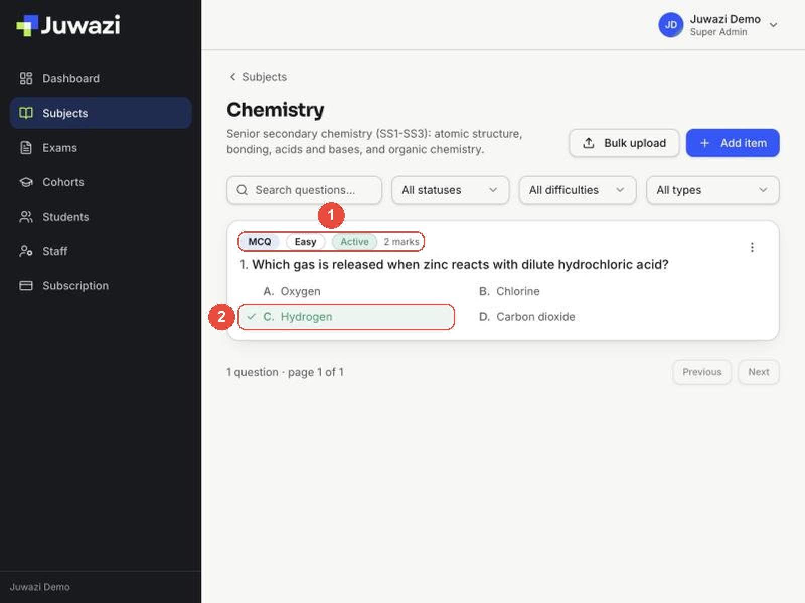 The Chemistry question list with callouts on 1 the MCQ, Easy, Active and 2 marks labels and 2 the ticked correct answer, Hydrogen