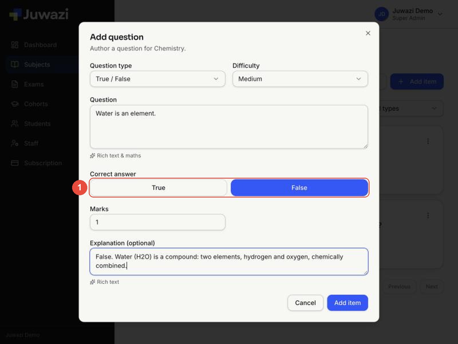 The True / False form with callout 1 on the Correct answer buttons, False selected in blue