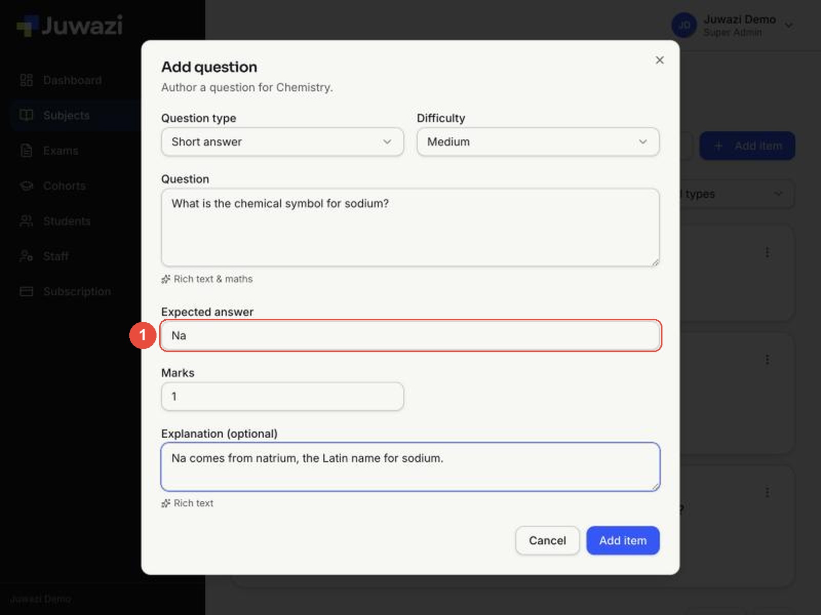 The Short answer form with callout 1 on the Expected answer box containing Na