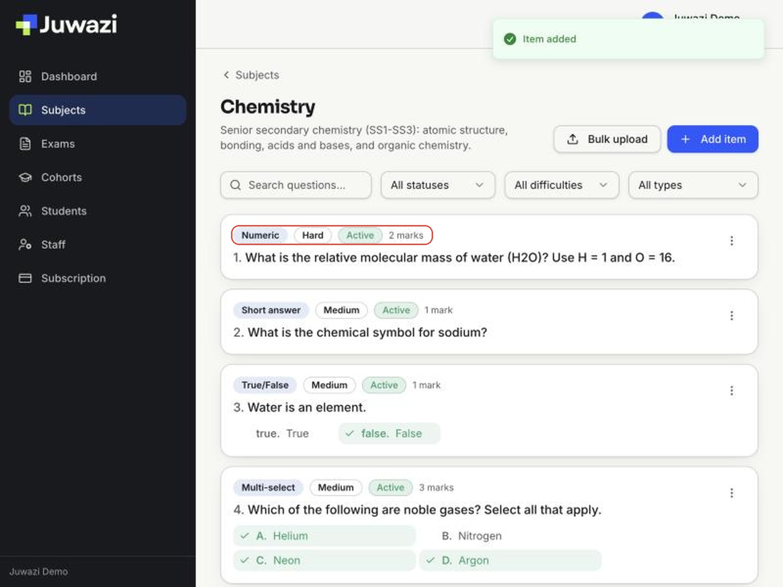 The Chemistry item bank showing five questions: Numeric, Short answer, True/False, Multi-select and MCQ