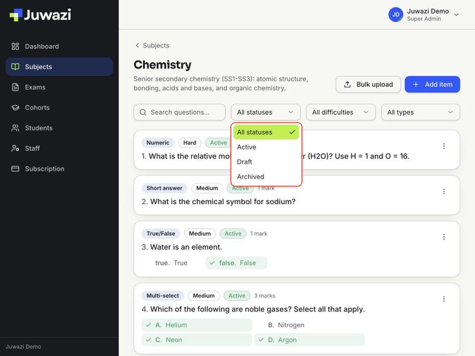 The status filter open, listing All statuses, Active, Draft and Archived