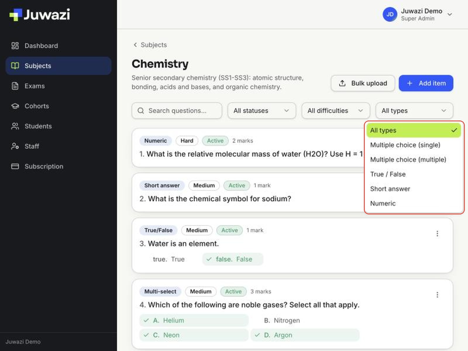 The type filter open, listing All types and the five question types