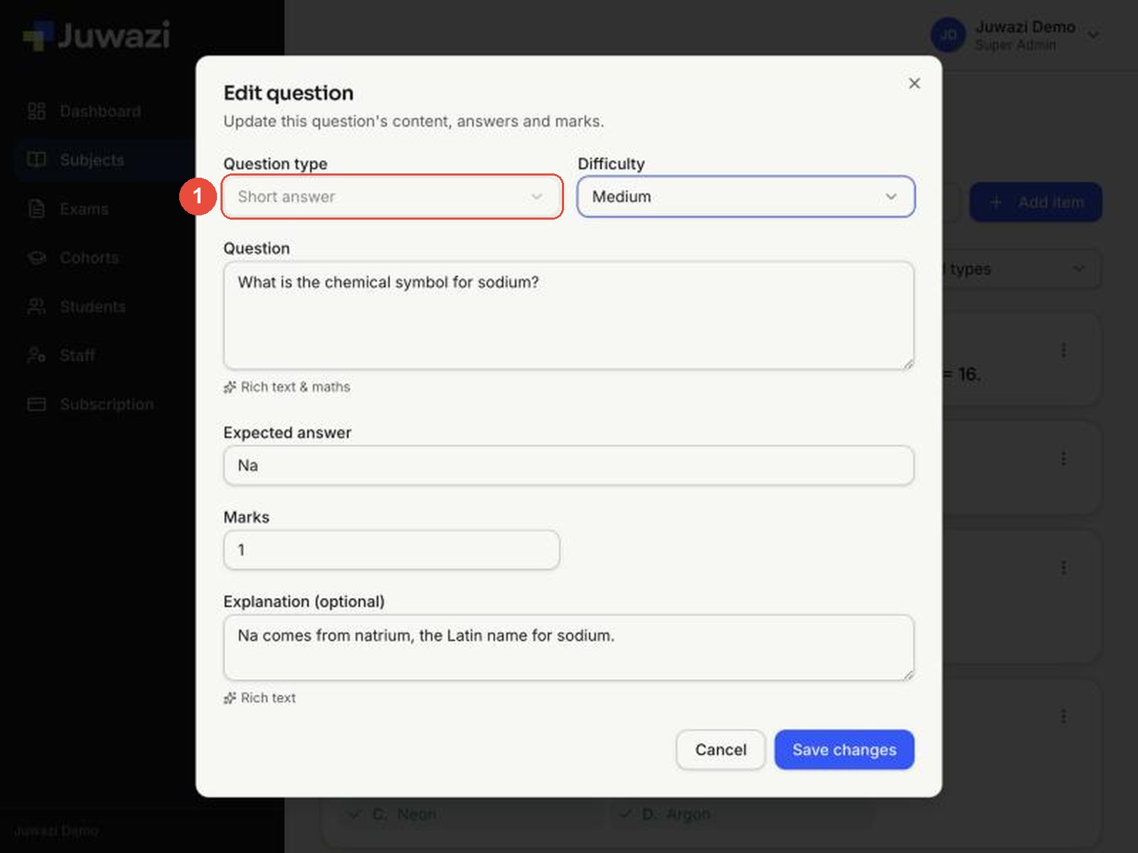 The Edit question form with callout 1 on the greyed-out Question type