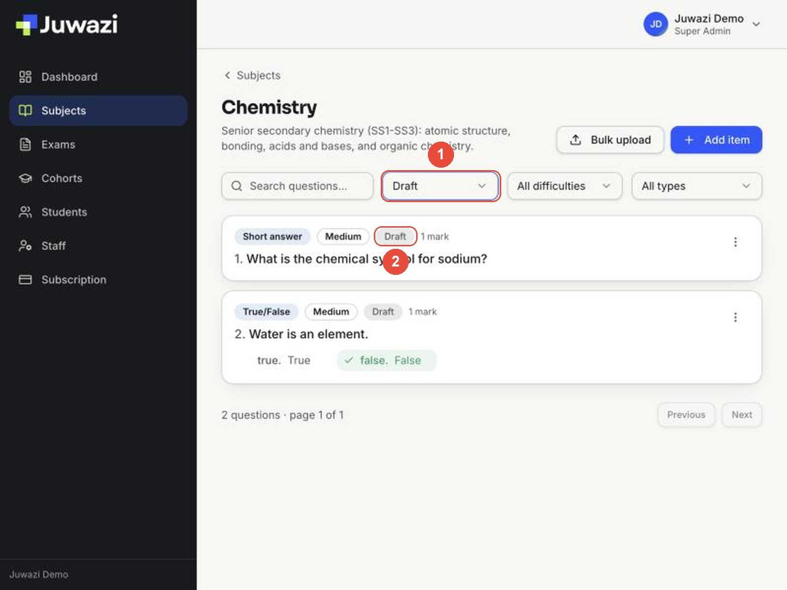 The status filter set to Draft (1), showing two questions with grey Draft badges (2)