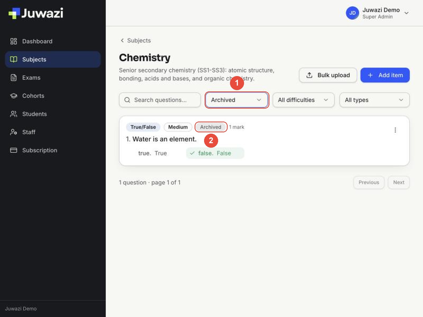 The status filter set to Archived (1), showing a question with an Archived badge (2)