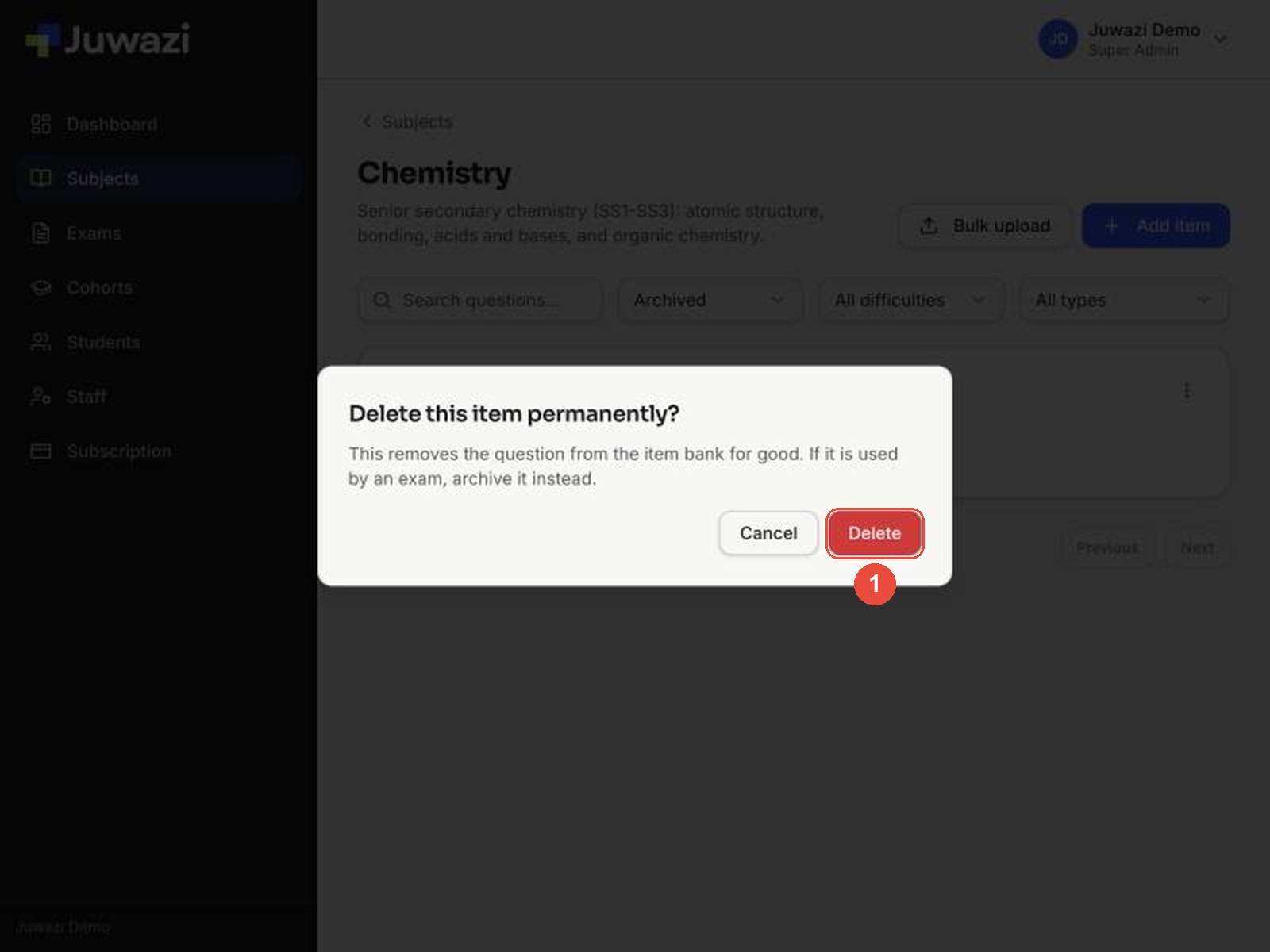 The Delete this item permanently? confirmation with the red Delete button highlighted