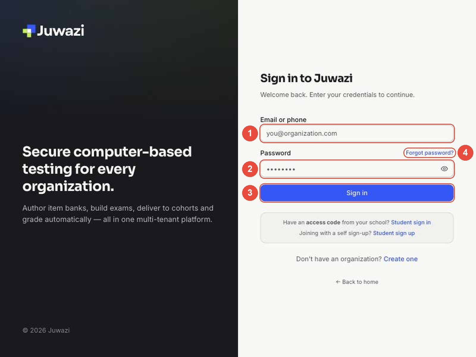 The Juwazi sign-in page with numbered callouts: 1 Email or phone, 2 Password, 3 Sign in button, 4 Forgot password link