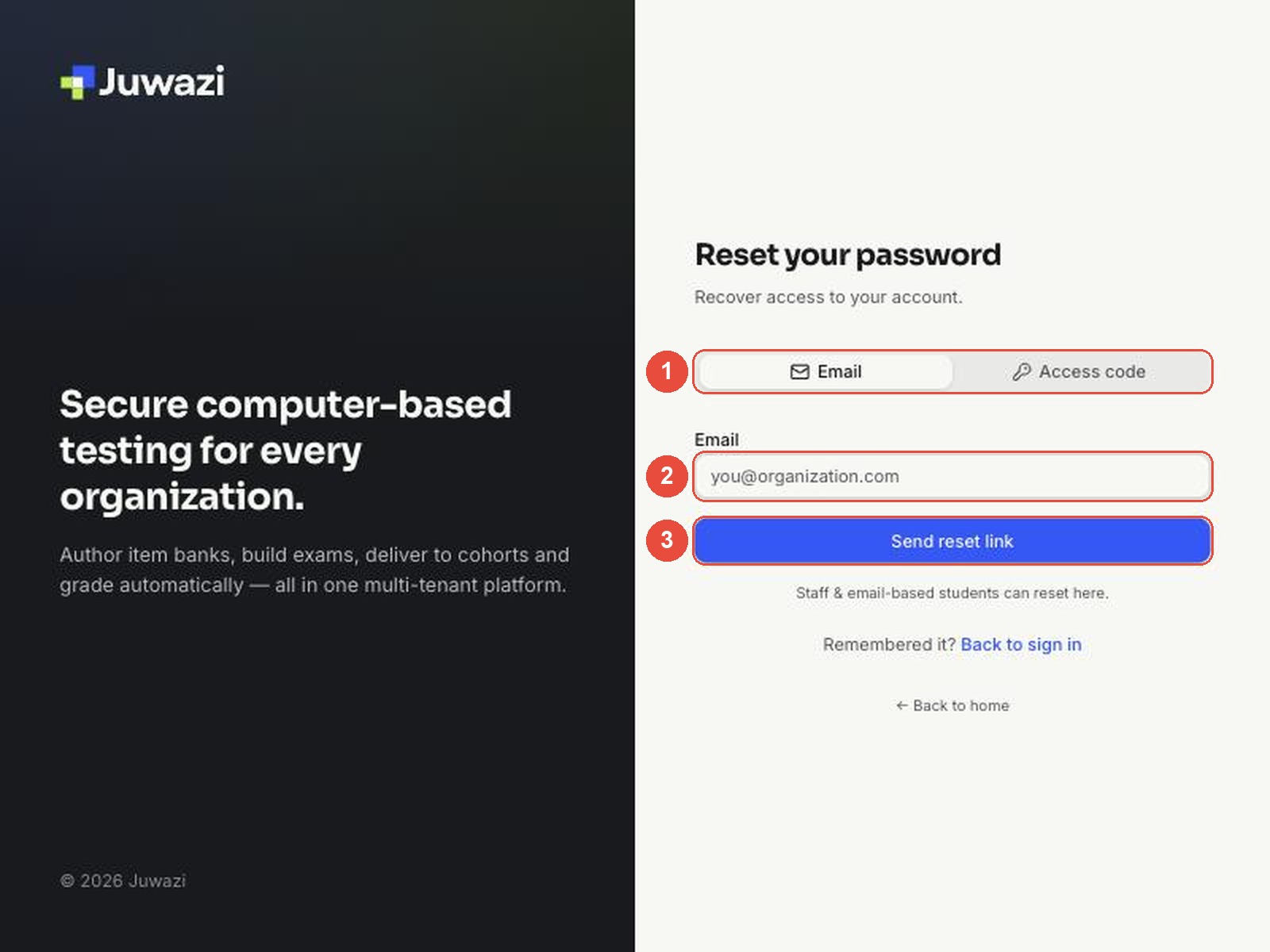 The Reset your password page with numbered callouts: 1 Email and Access code tabs, 2 Email field, 3 Send reset link button