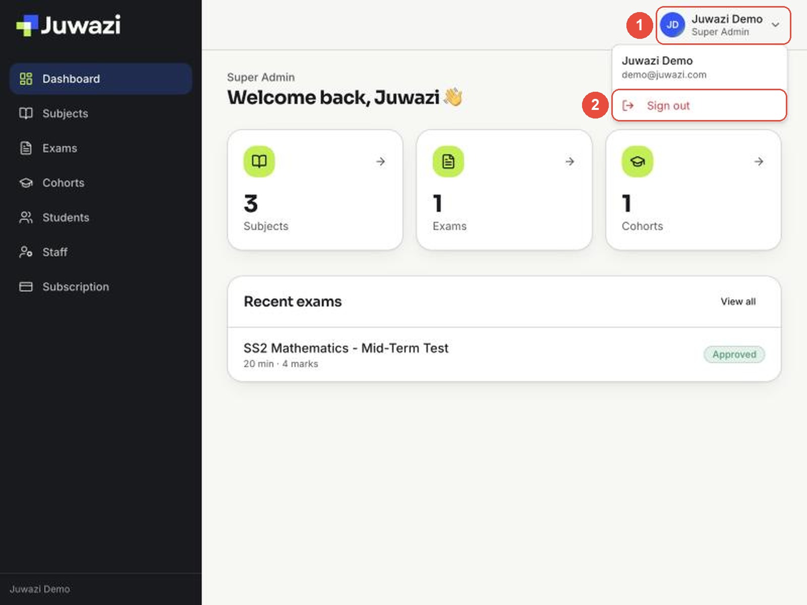 The open account menu showing the name Juwazi Demo, the email demo@juwazi.com and Sign out, with callouts 1 on the account button and 2 on Sign out